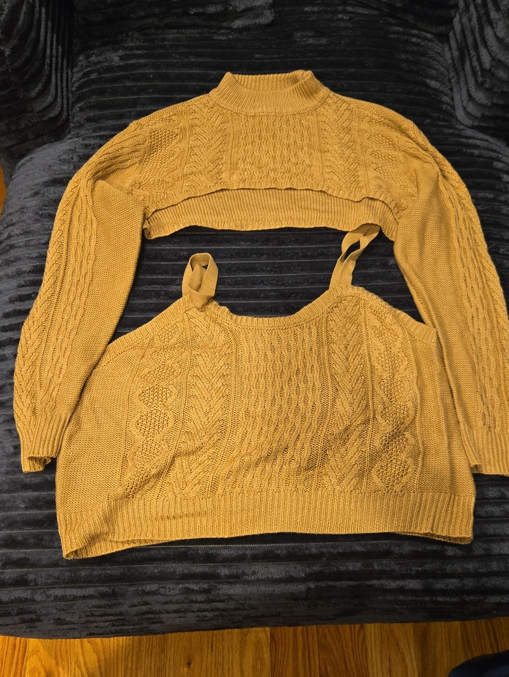 Almost Famous Mustard Cable-Knit Open-Back And Front Sweater - Picture 2 of 8